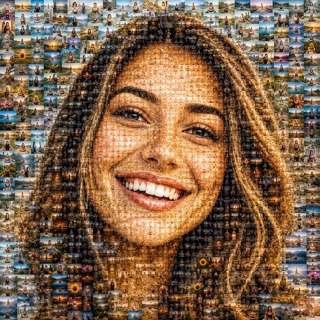The same photo rebuilt as a mosaic of hundreds of smaller photos
